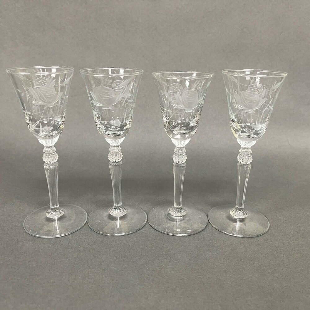 Wine Small Glasses Clear Glass Etched Roses Flowers Stemmed 4 7/8" High Lot of 4